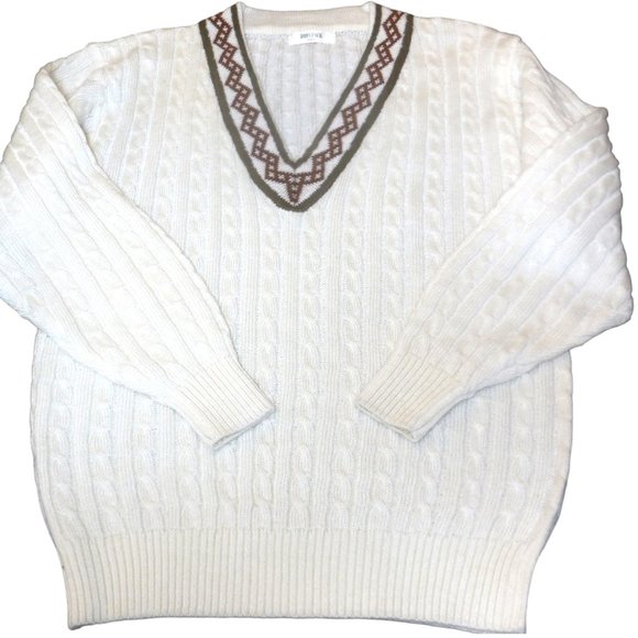 Pullover Sweater LARGE cable knit long sleeve v-neck cream color - Picture 1 of 6